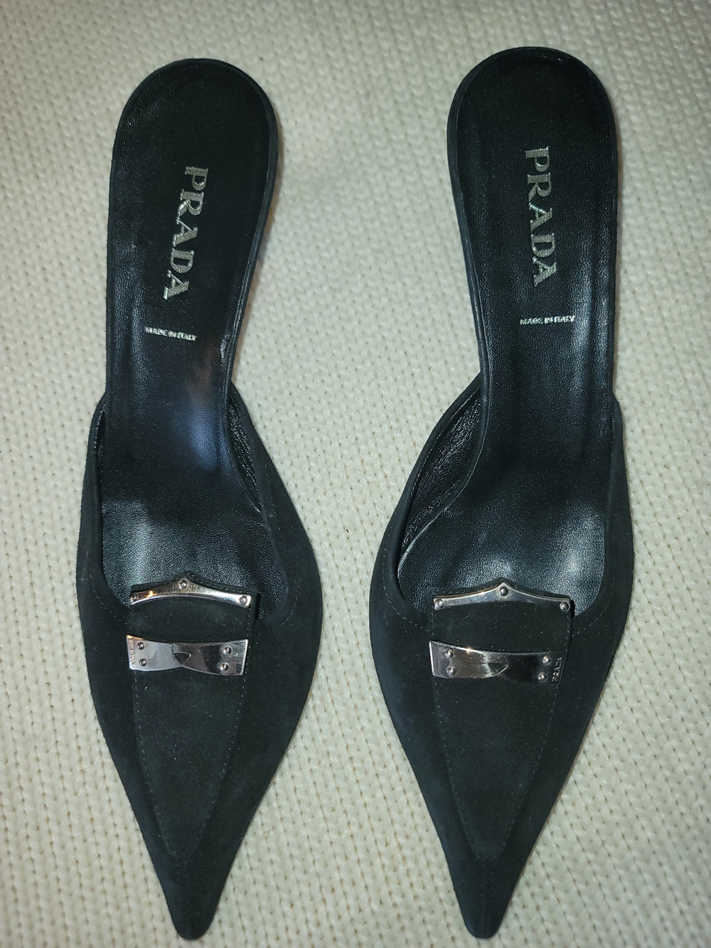 Prada Black Suede Pointed Toe Kitten Mules